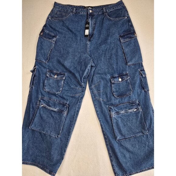 Fashion Nova Denim - Fashion Nova Womens Blue Denim Cargo Pants Size 22 Wide Leg Baggy NEW